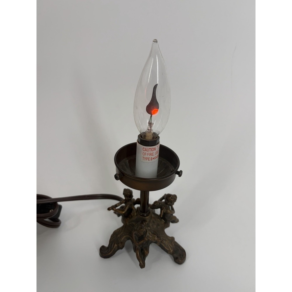 VTG Cherub Table Lamp w/ Faux Flame Bulb Cast Metal Putti Accent Light